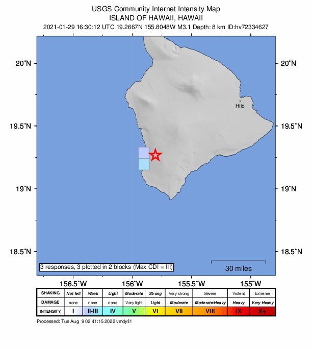 USGS DYFI community-reported intensity map for the M3.1 earthquake near 21 km SSE of Honaunau-Napoopoo, Hawaii