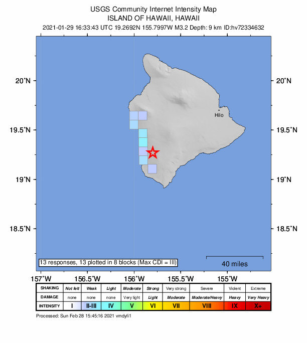 USGS DYFI community-reported intensity map for the M3.2 earthquake near 21 km SSE of Honaunau-Napoopoo, Hawaii