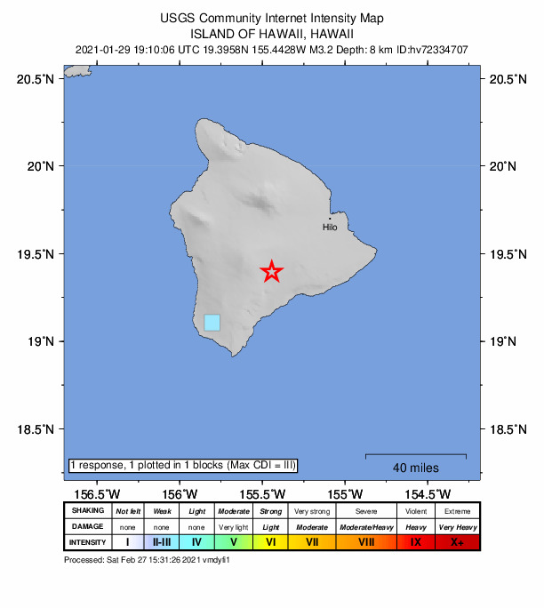 USGS DYFI community-reported intensity map for the M3.2 earthquake near 21 km N of P?hala, Hawaii