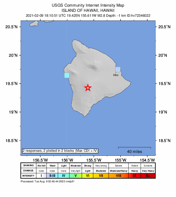 USGS DYFI community-reported intensity map for the M2.8 earthquake near 26 km E of Honaunau-Napoopoo, Hawaii