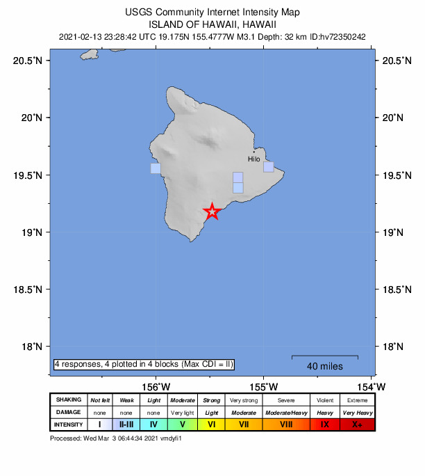 USGS DYFI community-reported intensity map for the M3.1 earthquake near 3 km S of P?hala, Hawaii