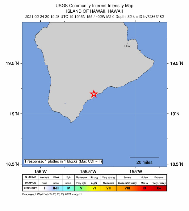 USGS DYFI community-reported intensity map for the M2.0 earthquake near 4 km ESE of P?hala, Hawaii