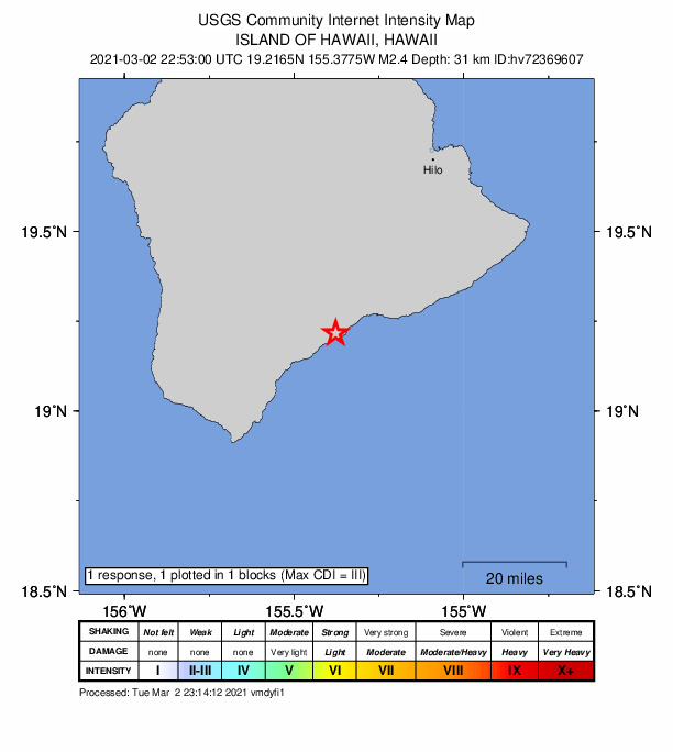 USGS DYFI community-reported intensity map for the M2.4 earthquake near 10 km E of P?hala, Hawaii