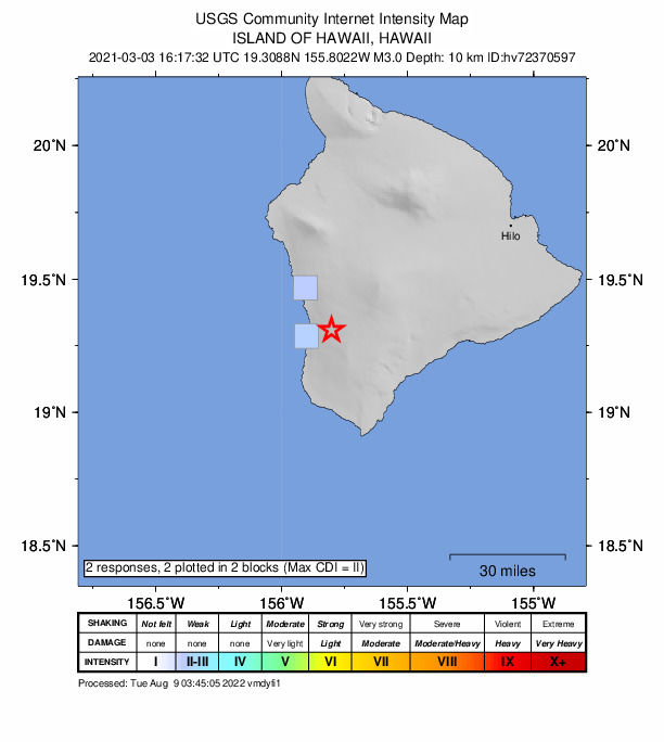 USGS DYFI community-reported intensity map for the M3.0 earthquake near 17 km SSE of Honaunau-Napoopoo, Hawaii