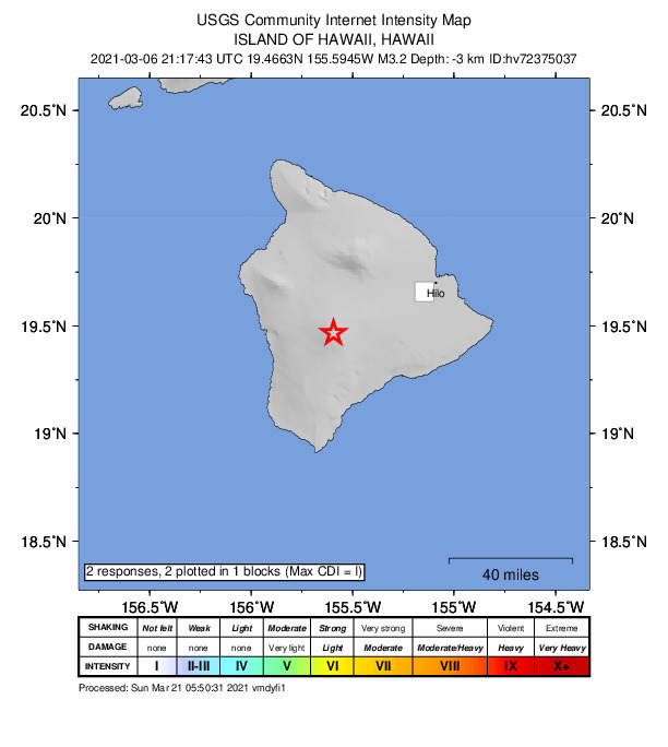 USGS DYFI community-reported intensity map for the M3.2 earthquake near 28 km E of Honaunau-Napoopoo, Hawaii