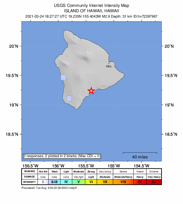 USGS DYFI community-reported intensity map for the M2.9 earthquake near 8 km ENE of P?hala, Hawaii