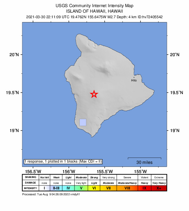 USGS DYFI community-reported intensity map for the M2.7 earthquake near 22 km E of Honaunau-Napoopoo, Hawaii