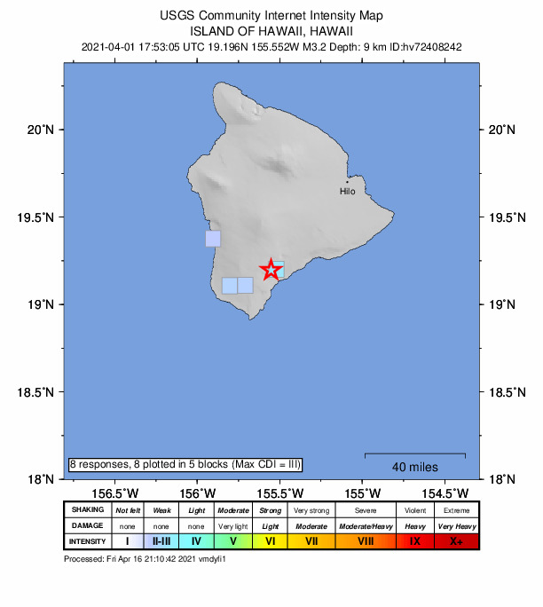 USGS DYFI community-reported intensity map for the M3.2 earthquake near 7 km W of P?hala, Hawaii