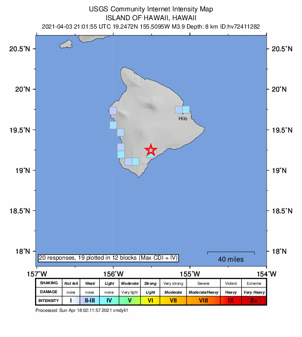 USGS DYFI community-reported intensity map for the M3.9 earthquake near 5 km NNW of P?hala, Hawaii