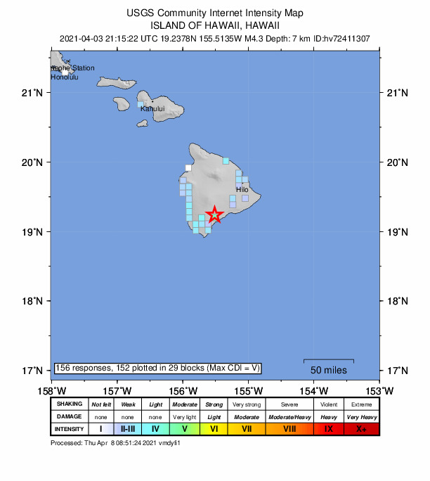 USGS DYFI community-reported intensity map for the M4.3 earthquake near 5 km NW of P?hala, Hawaii