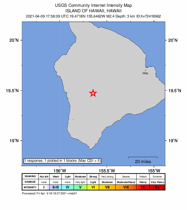 USGS DYFI community-reported intensity map for the M2.4 earthquake near 23 km E of Honaunau-Napoopoo, Hawaii