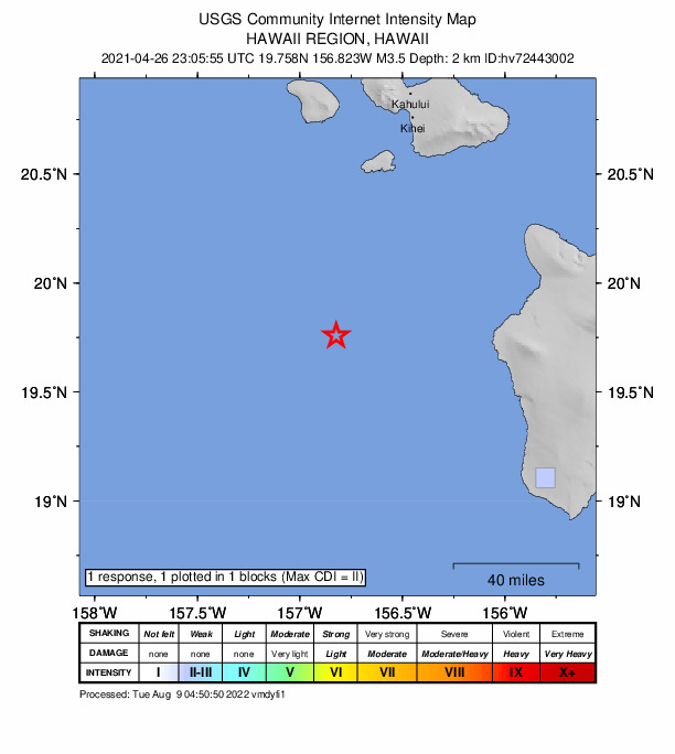 USGS DYFI community-reported intensity map for the M3.5 earthquake near 87 km W of Kailua-Kona, Hawaii