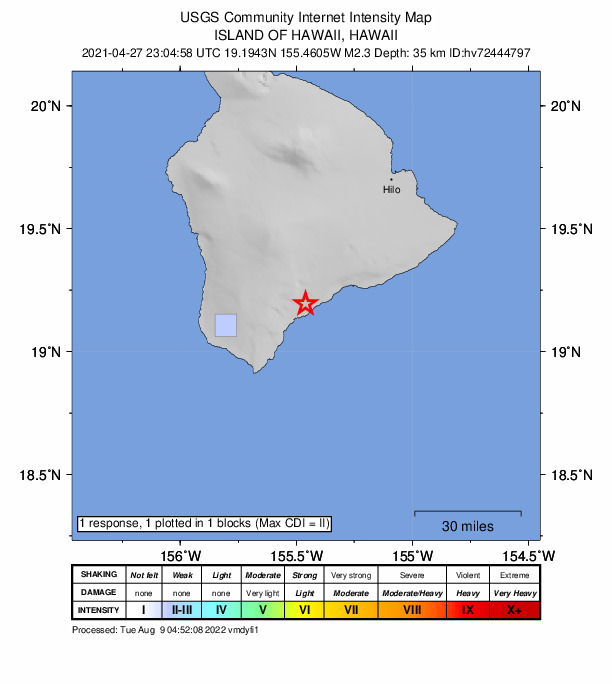 USGS DYFI community-reported intensity map for the M2.3 earthquake near 2 km ESE of P?hala, Hawaii