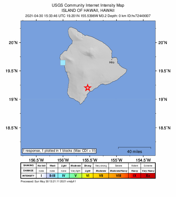 USGS DYFI community-reported intensity map for the M3.2 earthquake near Island of Hawaii, Hawaii
