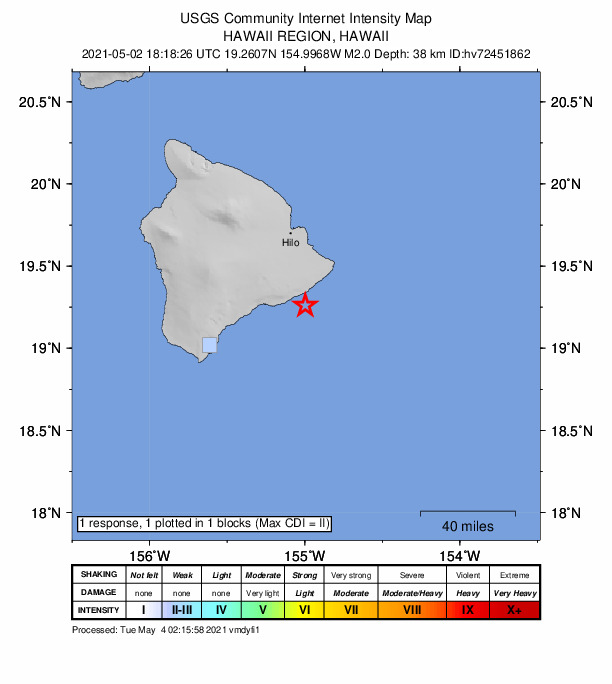 USGS DYFI community-reported intensity map for the M2.0 earthquake near 24 km SSW of Leilani Estates, Hawaii
