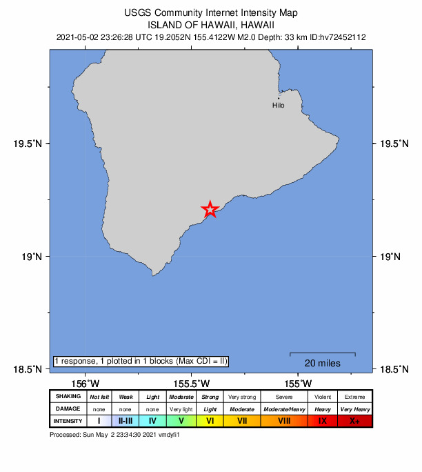 USGS DYFI community-reported intensity map for the M2.0 earthquake near 6 km E of P?hala, Hawaii