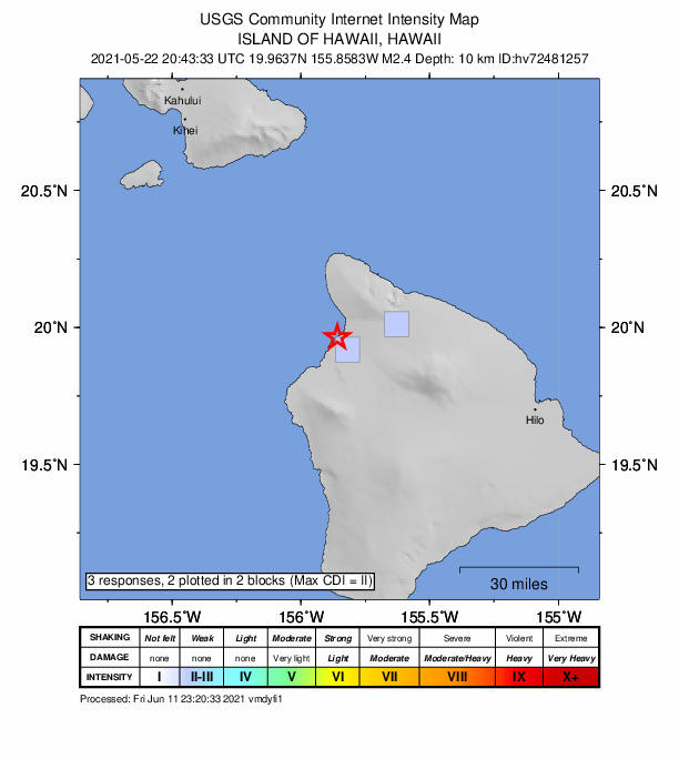 USGS DYFI community-reported intensity map for the M2.4 earthquake near 2 km WSW of Puako, Hawaii