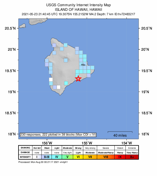 USGS DYFI community-reported intensity map for the M4.2 earthquake near 15 km S of Volcano, Hawaii