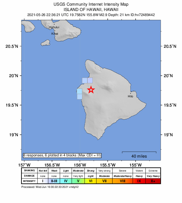 USGS DYFI community-reported intensity map for the M2.9 earthquake near 19 km E of Kalaoa, Hawaii