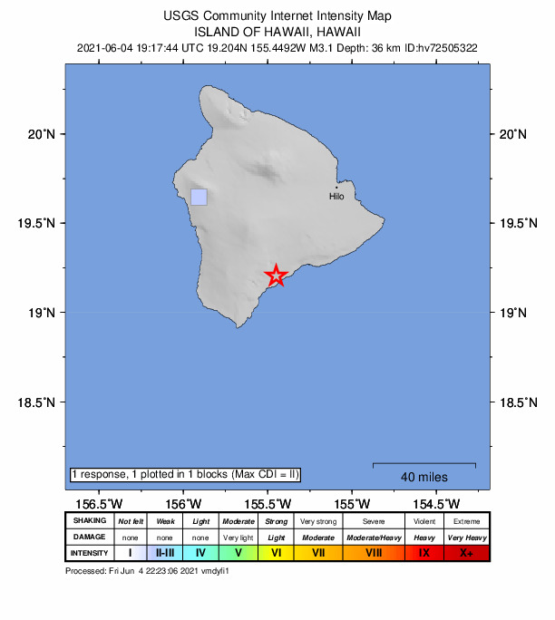 USGS DYFI community-reported intensity map for the M3.1 earthquake near 3 km E of P?hala, Hawaii