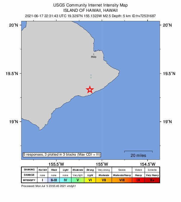 USGS DYFI community-reported intensity map for the M2.5 earthquake near 15 km S of Fern Forest, Hawaii