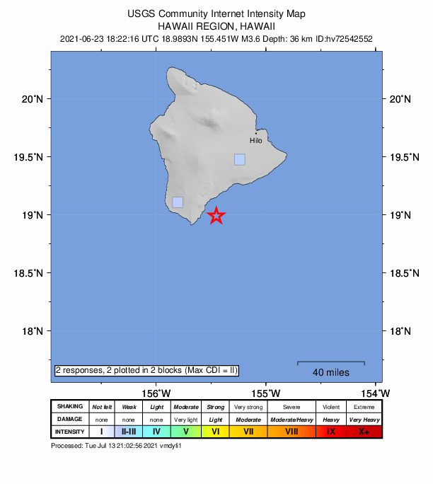 USGS DYFI community-reported intensity map for the M3.6 earthquake near 16 km ESE of Naalehu, Hawaii