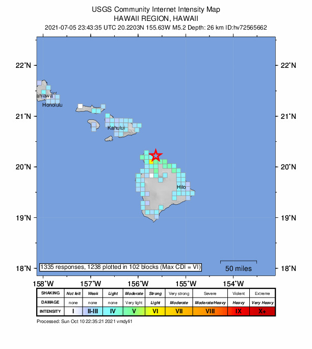 USGS DYFI community-reported intensity map for the M5.2 earthquake near 12 km NNW of Kukuihaele, Hawaii