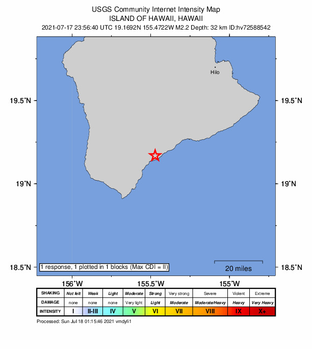 USGS DYFI community-reported intensity map for the M2.2 earthquake near 3 km S of P?hala, Hawaii