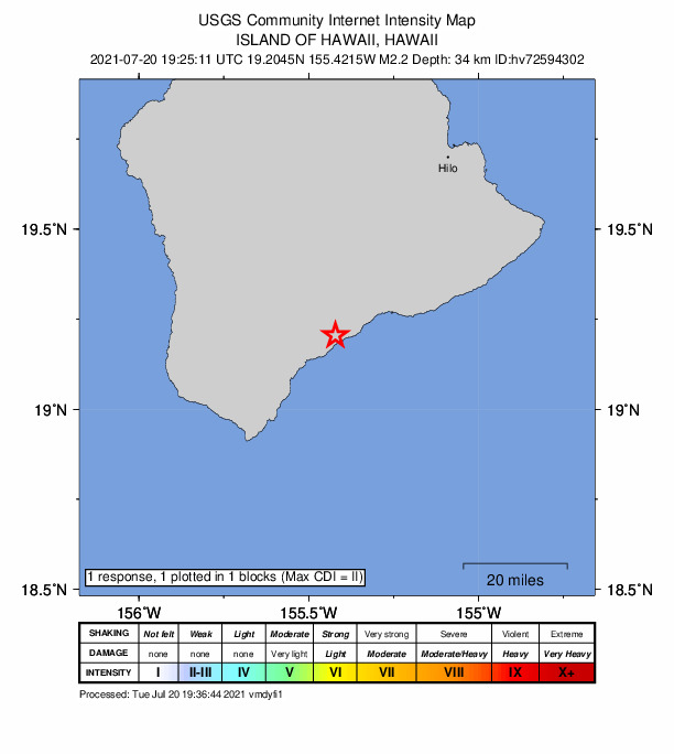 USGS DYFI community-reported intensity map for the M2.2 earthquake near 6 km E of P?hala, Hawaii