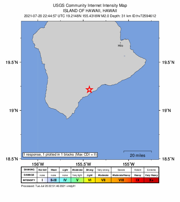USGS DYFI community-reported intensity map for the M2.0 earthquake near 5 km ENE of P?hala, Hawaii