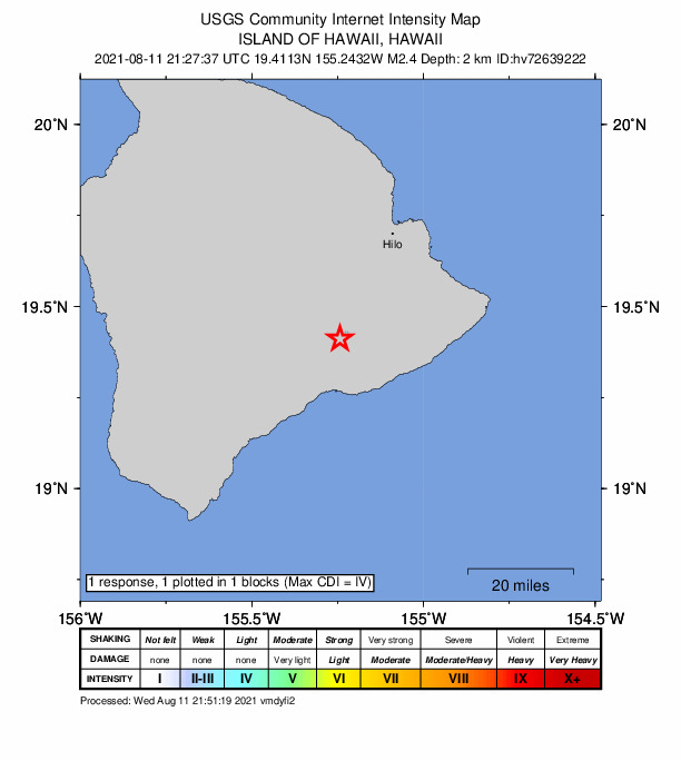 USGS DYFI community-reported intensity map for the M2.4 earthquake near 3 km SSW of Volcano, Hawaii