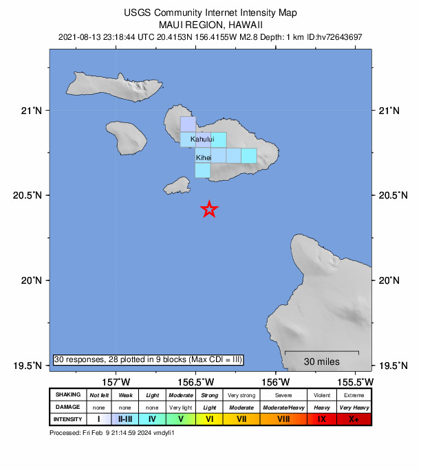 USGS DYFI community-reported intensity map for the M2.8 earthquake near 26 km S of M?kena, Hawaii