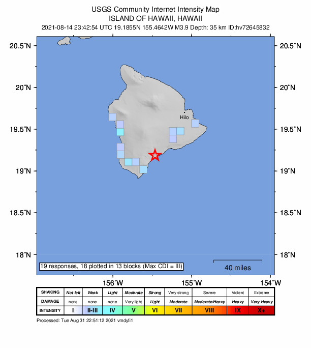 USGS DYFI community-reported intensity map for the M3.9 earthquake near 2 km SE of P?hala, Hawaii
