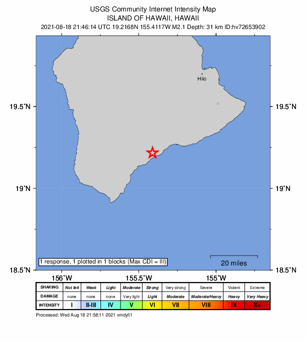 USGS DYFI community-reported intensity map for the M2.1 earthquake near 7 km ENE of P?hala, Hawaii