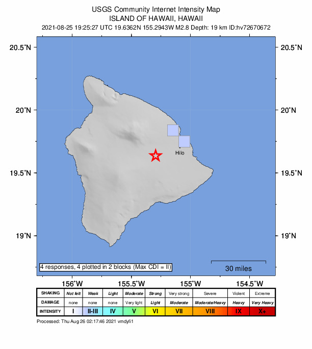 USGS DYFI community-reported intensity map for the M2.8 earthquake near 21 km WNW of Mountain View, Hawaii