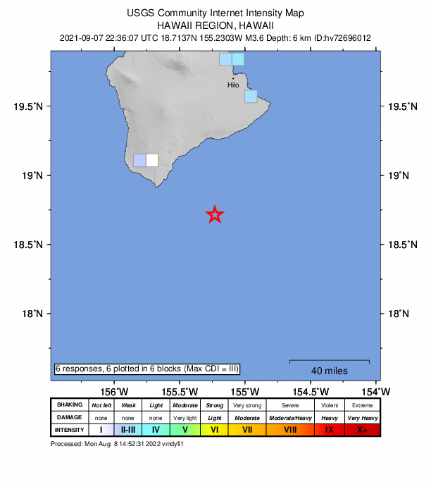 USGS DYFI community-reported intensity map for the M3.6 earthquake near 53 km SE of Naalehu, Hawaii