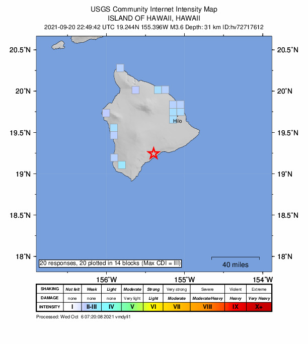 USGS DYFI community-reported intensity map for the M3.6 earthquake near 9 km ENE of P?hala, Hawaii
