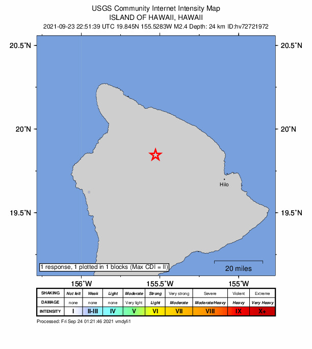 USGS DYFI community-reported intensity map for the M2.4 earthquake near 24 km SE of Waimea, Hawaii