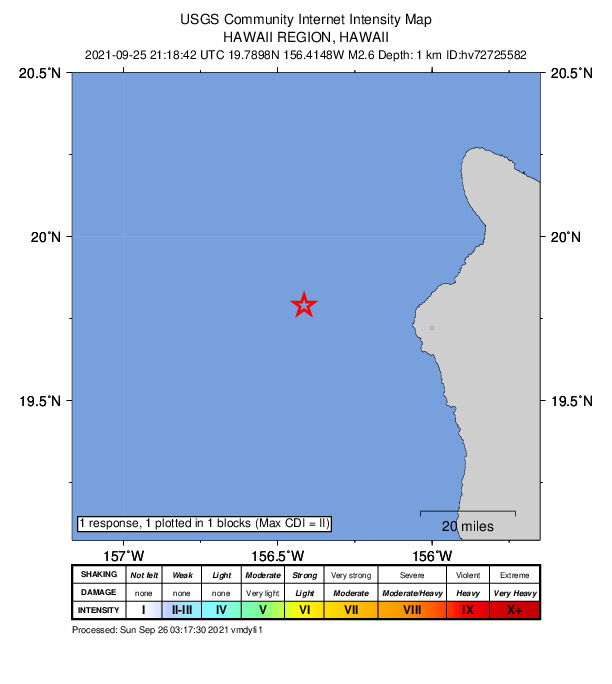 USGS DYFI community-reported intensity map for the M2.6 earthquake near 45 km W of Kalaoa, Hawaii