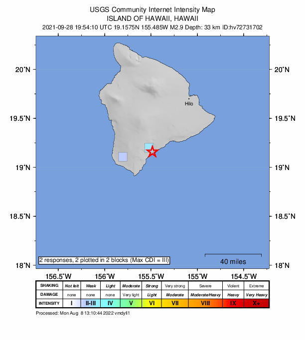 USGS DYFI community-reported intensity map for the M2.9 earthquake near 5 km S of P?hala, Hawaii
