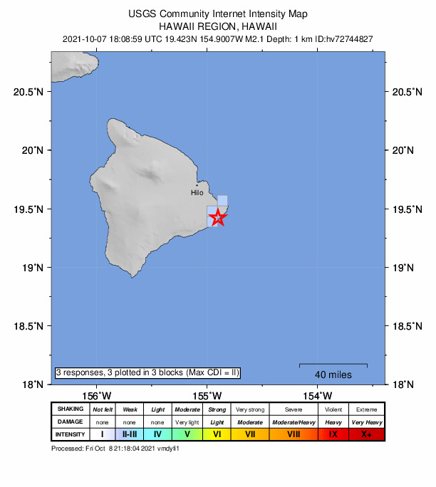 USGS DYFI community-reported intensity map for the M2.1 earthquake near 5 km SSE of Leilani Estates, Hawaii