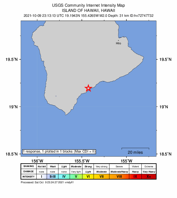 USGS DYFI community-reported intensity map for the M2.0 earthquake near 5 km E of P?hala, Hawaii