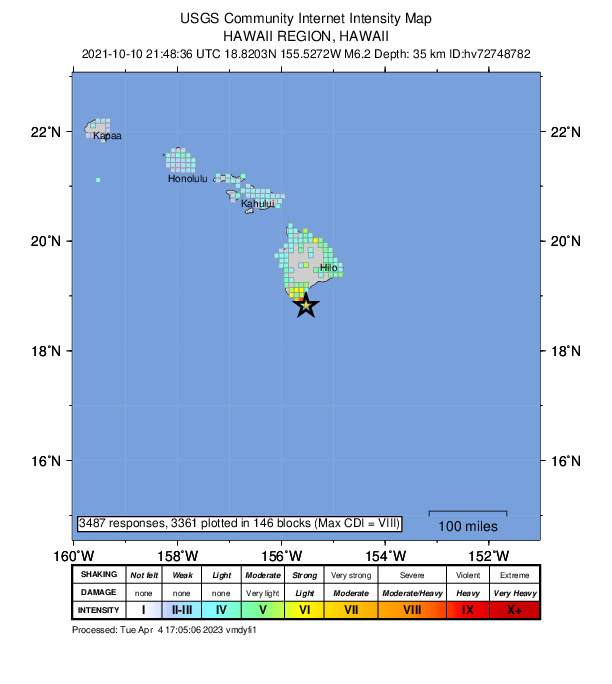 USGS DYFI community-reported intensity map for the M6.2 earthquake near 27 km SSE of Naalehu, Hawaii