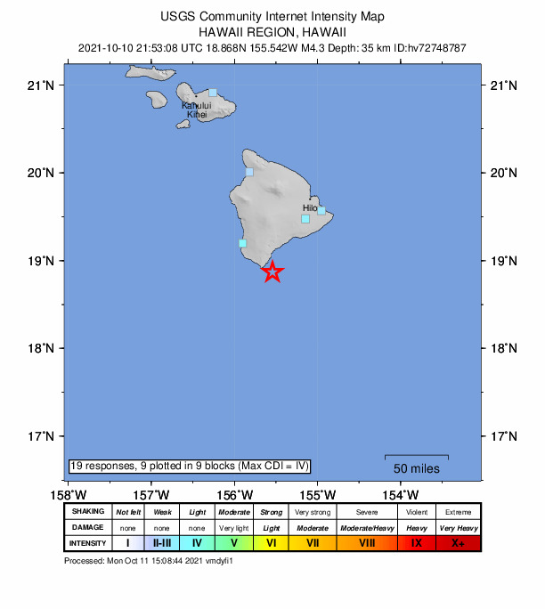 USGS DYFI community-reported intensity map for the M4.3 earthquake near 22 km S of Naalehu, Hawaii