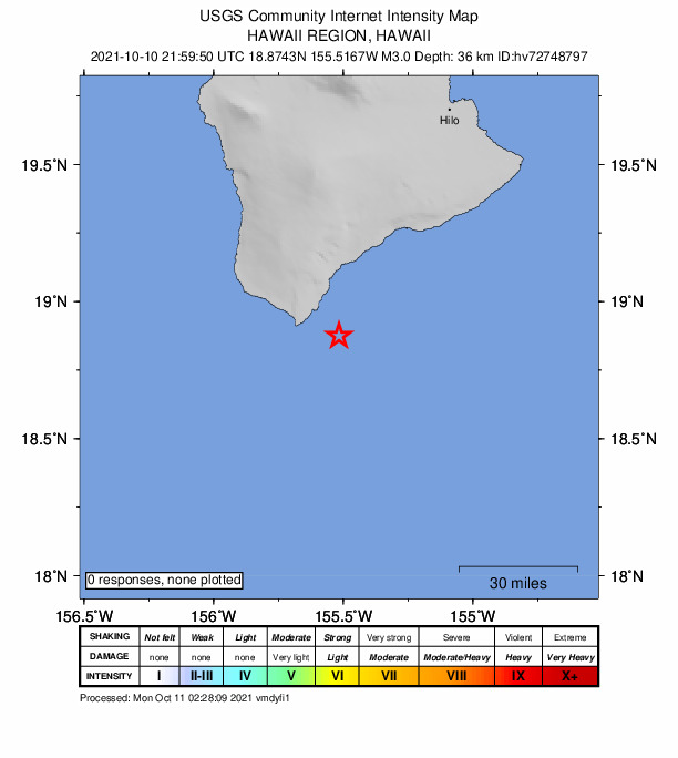 USGS DYFI community-reported intensity map for the M3.0 earthquake near 22 km SSE of Naalehu, Hawaii
