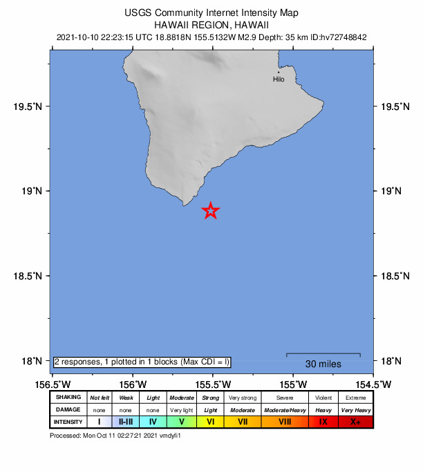 USGS DYFI community-reported intensity map for the M2.9 earthquake near 21 km SSE of Naalehu, Hawaii