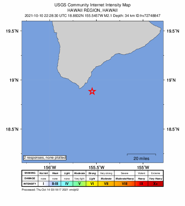 USGS DYFI community-reported intensity map for the M2.1 earthquake near 20 km S of Naalehu, Hawaii