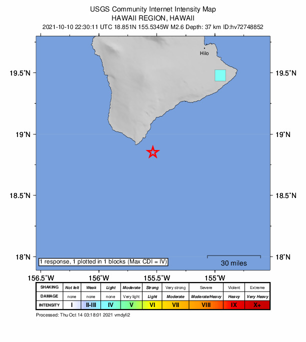 USGS DYFI community-reported intensity map for the M2.6 earthquake near 24 km SSE of Naalehu, Hawaii