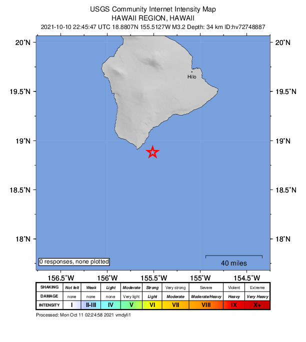 USGS DYFI community-reported intensity map for the M3.3 earthquake near 21 km SSE of Naalehu, Hawaii