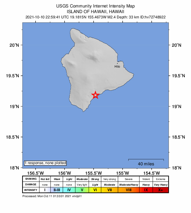 USGS DYFI community-reported intensity map for the M2.4 earthquake near 2 km SSE of P?hala, Hawaii